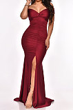 Women Spring Summer V Collar A Word Shoulder Solid Color Hip Split Ruffle Long Dress MY10062