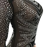 Euramerican Fashion Club Bling Bling Mesh Spaghetti Women Perspectivity Long Sleeve Split Long Dress XZ5595