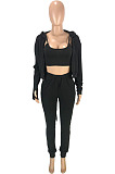 Women Fashion Pure Color Hoodie Coat +Tank Strapless Jogger Pants Casual Three Piece Sets SM9228