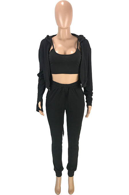 Women Fashion Pure Color Hoodie Coat +Tank Strapless Jogger Pants Casual Three Piece Sets SM9228