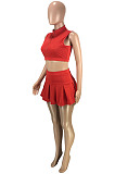 Wholesale Cute Women Sleeveless Ruffle Dew Wasit Tank Mini Skirts Solid Color Sets SM9229