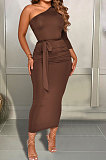 Spring Summer Women One Shoulder Solid Color High Waist Midi Dress MY10055