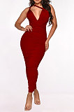 Women V Collar Hip Pure Color Bandage Sexy Backless Ruffle Long Dress MY10056