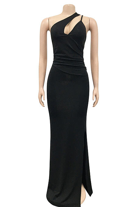 Trendy Sexy Pure Color One Shoulder Condole Belt Sleeveless Split Long Dress XZ5598