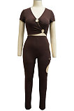 Euramerican Women Solid Color Short Sleeve V Collar Hollow Out Irregular Pants Sets MY10064