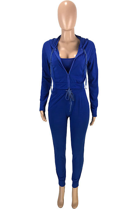 Women Fashion Pure Color Hoodie Coat +Tank Strapless Jogger Pants Casual Three Piece Sets SM9228