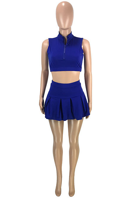 Wholesale Cute Women Sleeveless Ruffle Dew Wasit Tank Mini Skirts Solid Color Sets SM9229