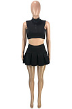 Wholesale Cute Women Sleeveless Ruffle Dew Wasit Tank Mini Skirts Solid Color Sets SM9229