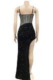 Fashion Club Bling Bling Sequins Perspectivity Sexy Condole Belt Irregular Slit Dress XZ5596