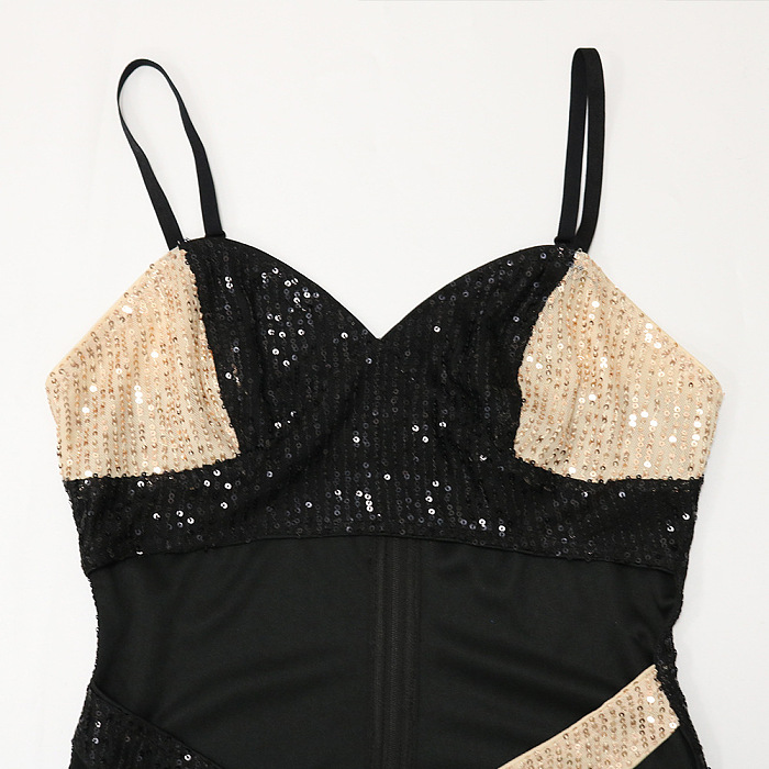 Fashion Sexy Condole Belt Strapless Color Matching Hollow Out Hip Sequins Mini Dress CCY9642