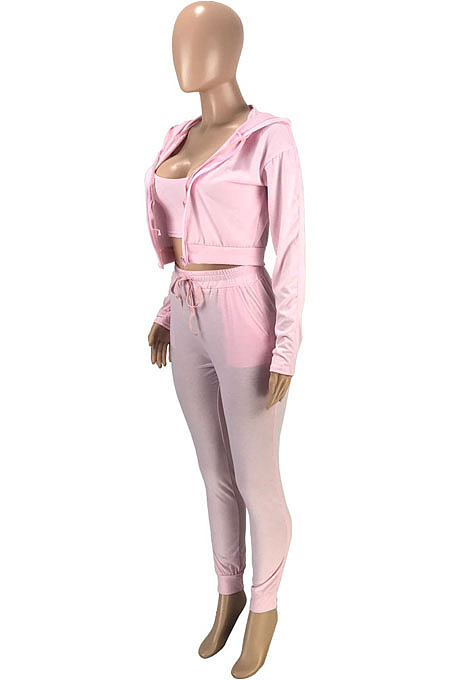 Women Fashion Pure Color Hoodie Coat +Tank Strapless Jogger Pants Casual Three Piece Sets SM9228