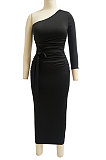 Spring Summer Women One Shoulder Solid Color High Waist Midi Dress MY10055