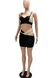 Fashion Sexy Condole Belt Strapless Color Matching Hollow Out Hip Sequins Mini Dress CCY9642