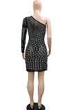 Euramerican Sexy One Shoulder Perspectivity Fashion Bling Bling Split Mini Dress CCY9597