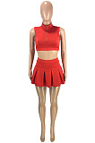 Wholesale Cute Women Sleeveless Ruffle Dew Wasit Tank Mini Skirts Solid Color Sets SM9229