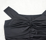 Women Spring Summer V Collar A Word Shoulder Solid Color Hip Split Ruffle Long Dress MY10062