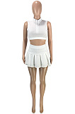 Wholesale Cute Women Sleeveless Ruffle Dew Wasit Tank Mini Skirts Solid Color Sets SM9229
