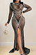 Euramerican Fashion Club Bling Bling Mesh Spaghetti Women Perspectivity Long Sleeve Split Long Dress XZ5595
