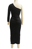 Spring Summer Women One Shoulder Solid Color High Waist Midi Dress MY10055