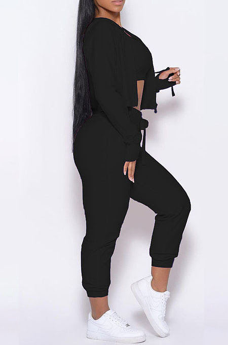 Women Fashion Pure Color Hoodie Coat +Tank Strapless Jogger Pants Casual Three Piece Sets SM9228