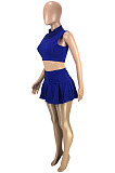 Wholesale Cute Women Sleeveless Ruffle Dew Wasit Tank Mini Skirts Solid Color Sets SM9229