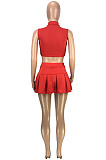 Wholesale Cute Women Sleeveless Ruffle Dew Wasit Tank Mini Skirts Solid Color Sets SM9229