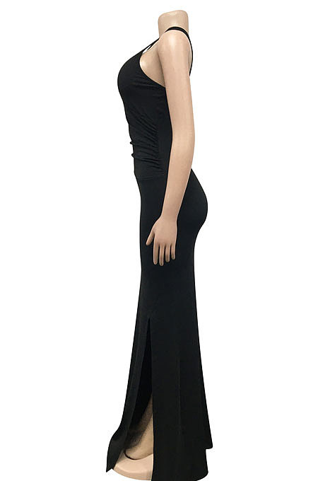 Trendy Sexy Pure Color One Shoulder Condole Belt Sleeveless Split Long Dress XZ5598
