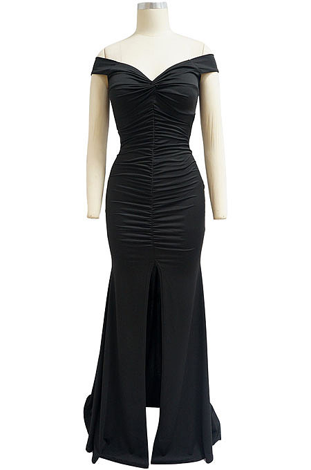 Women Spring Summer V Collar A Word Shoulder Solid Color Hip Split Ruffle Long Dress MY10062