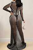 Euramerican Fashion Club Bling Bling Mesh Spaghetti Women Perspectivity Long Sleeve Split Long Dress XZ5595
