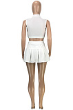 Wholesale Cute Women Sleeveless Ruffle Dew Wasit Tank Mini Skirts Solid Color Sets SM9229