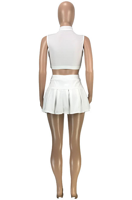 Wholesale Cute Women Sleeveless Ruffle Dew Wasit Tank Mini Skirts Solid Color Sets SM9229