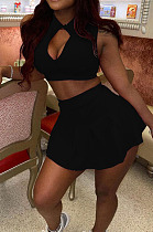 Wholesale Cute Women Sleeveless Ruffle Dew Wasit Tank Mini Skirts Solid Color Sets SM9229