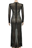 Euramerican Fashion Club Bling Bling Mesh Spaghetti Women Perspectivity Long Sleeve Split Long Dress XZ5595