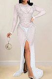 Euramerican Fashion Club Bling Bling Mesh Spaghetti Women Perspectivity Long Sleeve Split Long Dress XZ5595
