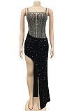 Fashion Club Bling Bling Sequins Perspectivity Sexy Condole Belt Irregular Slit Dress XZ5596
