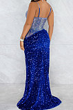 Fashion Club Bling Bling Sequins Perspectivity Sexy Condole Belt Irregular Slit Dress XZ5596