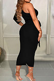 Spring Summer Women One Shoulder Solid Color High Waist Midi Dress MY10055