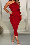 Spring Summer Women One Shoulder Solid Color High Waist Midi Dress MY10055
