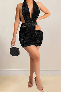 Euramerican Women Sequins Trendy Pure Color Halter Neck Hollow Out Collect Waist Mini Dress XZ5609