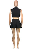 Wholesale Cute Women Sleeveless Ruffle Dew Wasit Tank Mini Skirts Solid Color Sets SM9229