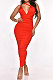 Women V Collar Hip Pure Color Bandage Sexy Backless Ruffle Long Dress MY10056