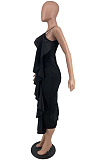 Sexy Elegant Women Pure Color V Neck Flounced Irregular Back Slit Slip Dress For Party ZNN9128