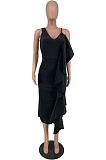 Sexy Elegant Women Pure Color V Neck Flounced Irregular Back Slit Slip Dress For Party ZNN9128