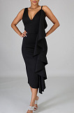 Sexy Elegant Women Pure Color V Neck Flounced Irregular Back Slit Slip Dress For Party ZNN9128