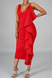 Sexy Elegant Women Pure Color V Neck Flounced Irregular Back Slit Slip Dress For Party ZNN9128