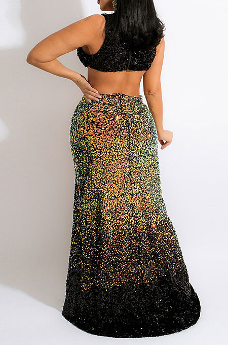 Sexy Strapless V Collar Hollow Out High Split Sequins Dew Waist Long Dress CCY9534
