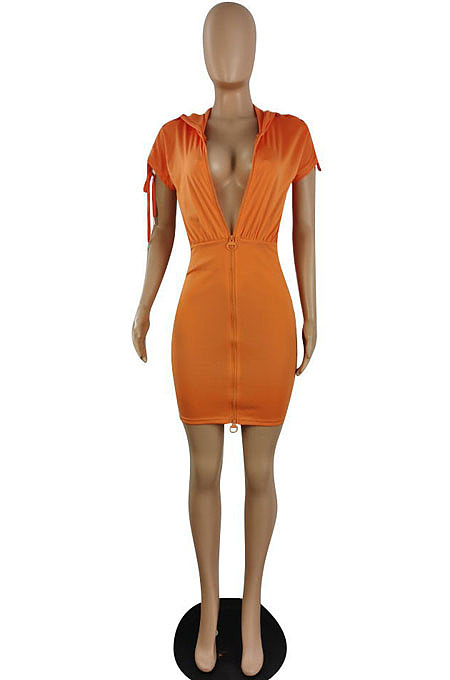 New Summer Women's Bandage Fron Zipper Bodycon Solid Color Casual Hooded Dress E8660