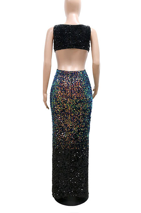 Sexy Strapless V Collar Hollow Out High Split Sequins Dew Waist Long Dress CCY9534
