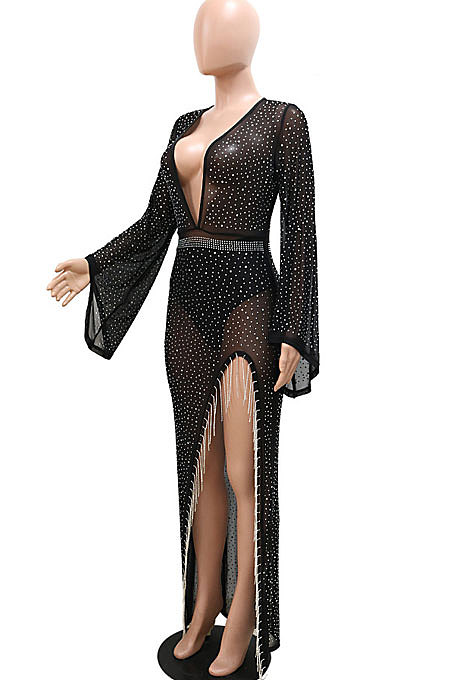 Euramerican Perspectivity V Collar Bling Bling Tassel Split Long Dress CCY9582