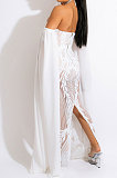 Trendy Sexy Strapless A Word Shoulder Sequins Decorative Pattern Back Split Skirts Sets CCY9573